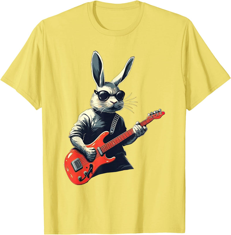 Rabbit Bunny Wearing Sunglasses Playing Guitar Musician T-Shirt in Lemon Yellow