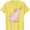 Watercolor Pink Pig With Floral And Butterfly Farm Design T-Shirt - Lemon Yellow