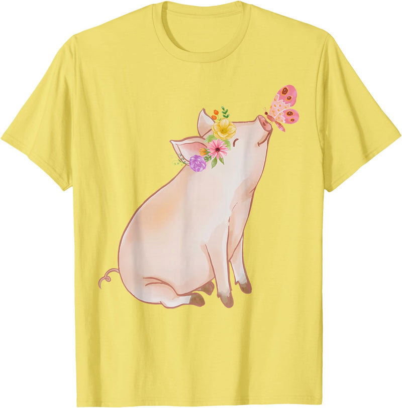 Watercolor Pink Pig With Floral And Butterfly Farm Design T-Shirt - Lemon Yellow