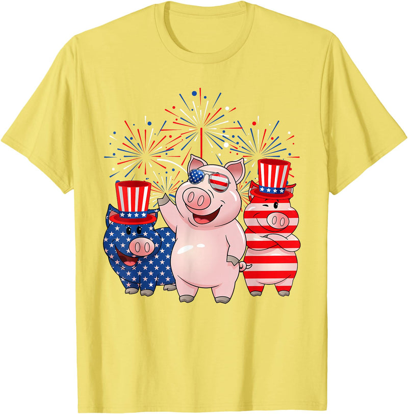 Ohia Three Patriotic Pigs USA Independence Day Tee Funny Red White Blue Pig American Flag Farmer 4th Of July T-Shirt - Lemon Yellow