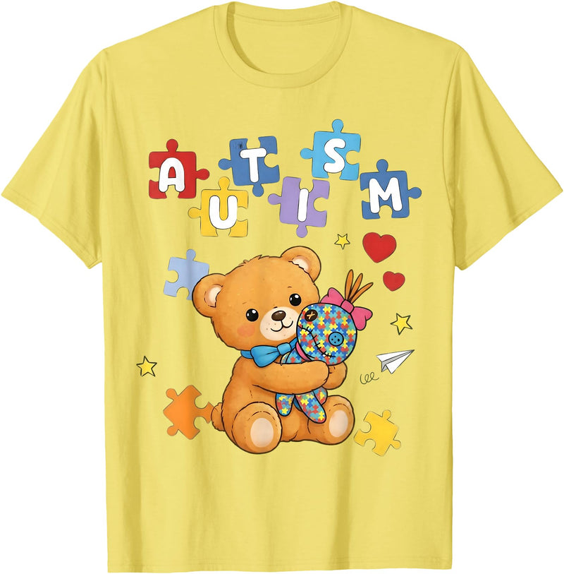Cute Autism Awareness Puzzle Cute Autism Awareness Bear Colorful Puzzle T-Shirt - Lemon Yellow