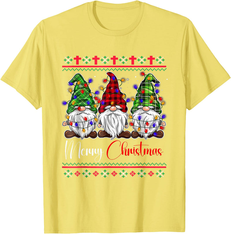 Xmas Lights Gnomes Holiday Graphics Merry Christmas Leopard Buffalo Red Plaid for Men Women T-Shirt - Lemon Yellow