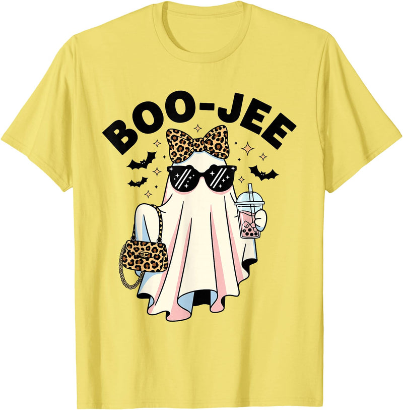 Boo-Jee Ghost Halloween Tees for Women Women Girls BOU-JEE Ghost Boba Leopard Sassy Halloween T-Shirt - Lemon Yellow