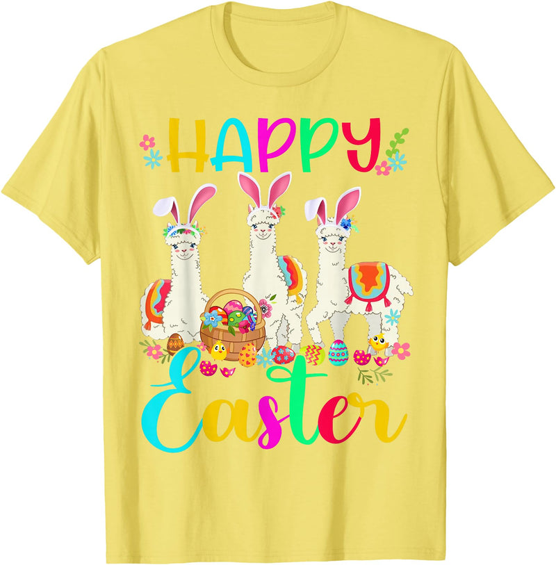 Happy Easter Three Llama Wearing Bunny Ear Happy Easter Llama Lover Three Llama Wearing Bunny Ear T-Shirt - Lemon Yellow