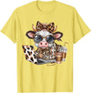 Cute Highland Cow Coffee Addict Cute Cow Leopard Coquette Coffee Lover Girls Women T-Shirt - Lemon Yellow