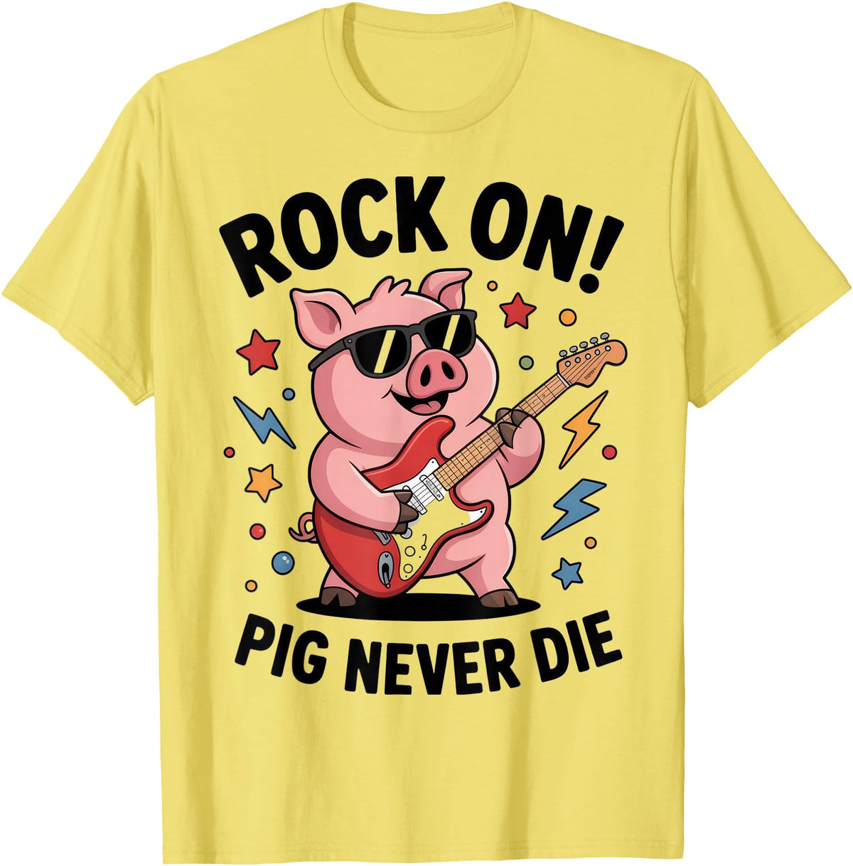 Musical Pig Tribe Collective for Rock Enthusiasts Rock On Pig Never Die Music Lovers Funny Concert Vibe T-Shirt - Lemon Yellow