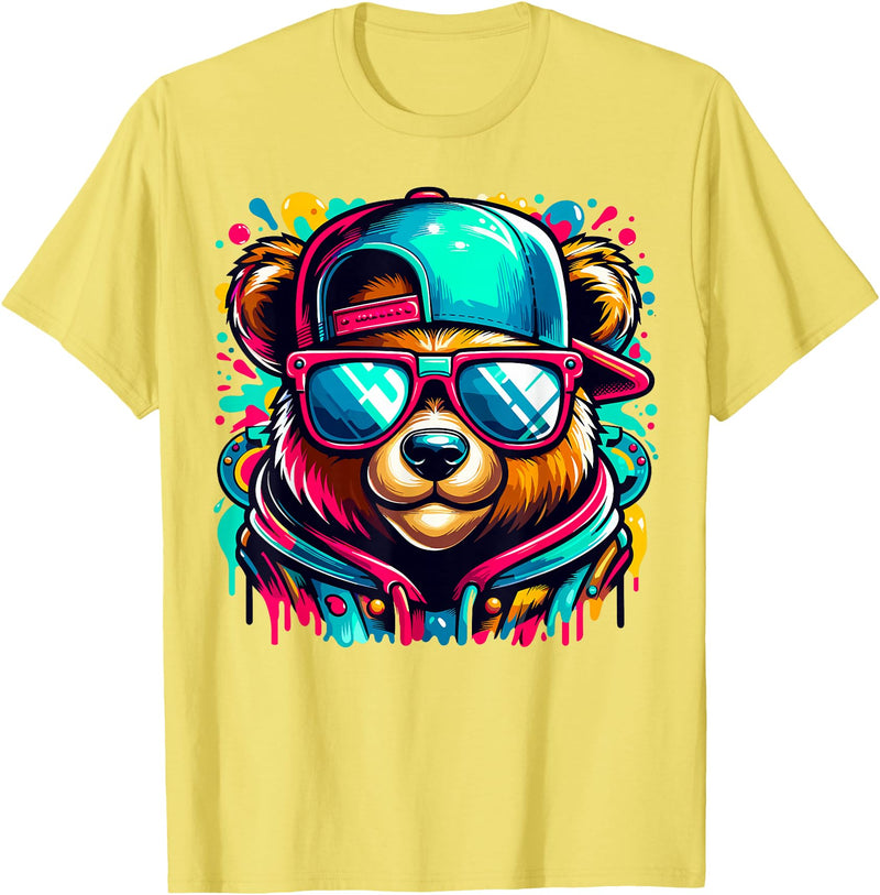 Funny Teddy Bear Lovers Colorful Hip Hop Teddy Bear Sunglasses Rap Music T-Shirt - Lemon Yellow