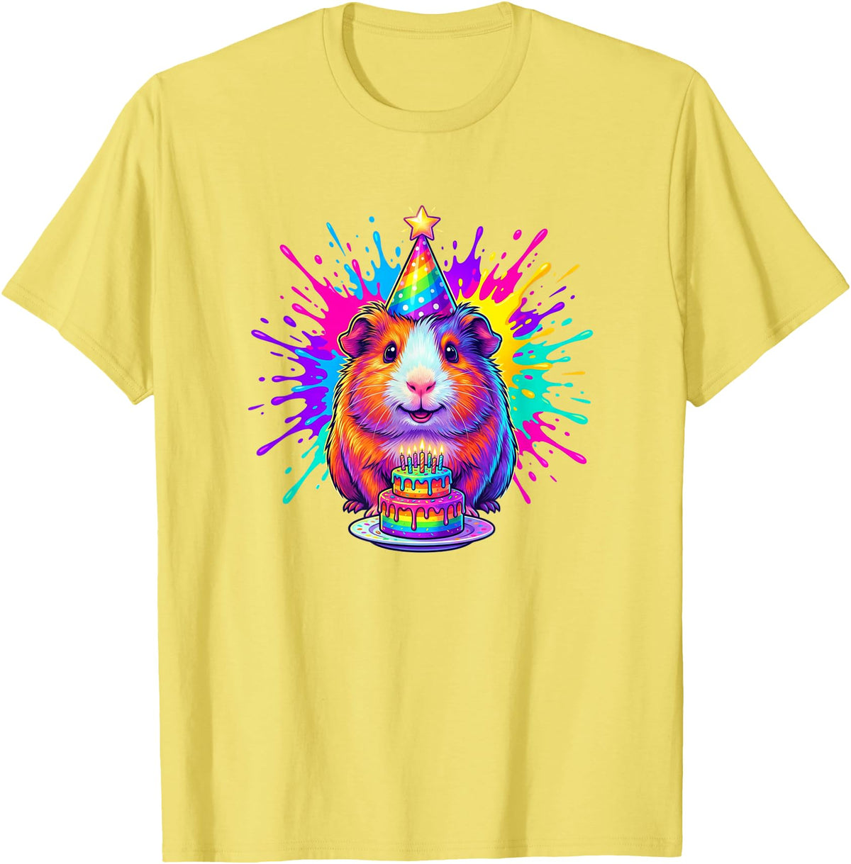 Cute Birthday Guinea Pig Rainbow Cake Party Hat Happy Birthday Guinea Pig Rainbow Cake Party Hat T-Shirt - Lemon Yellow