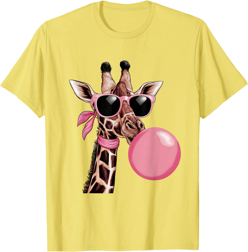 Funny Giraffe Lover Design Outfit Funny Cute Giraffe Pink Bubble Gum and Pink Sunglasses T-Shirt - Lemon Yellow