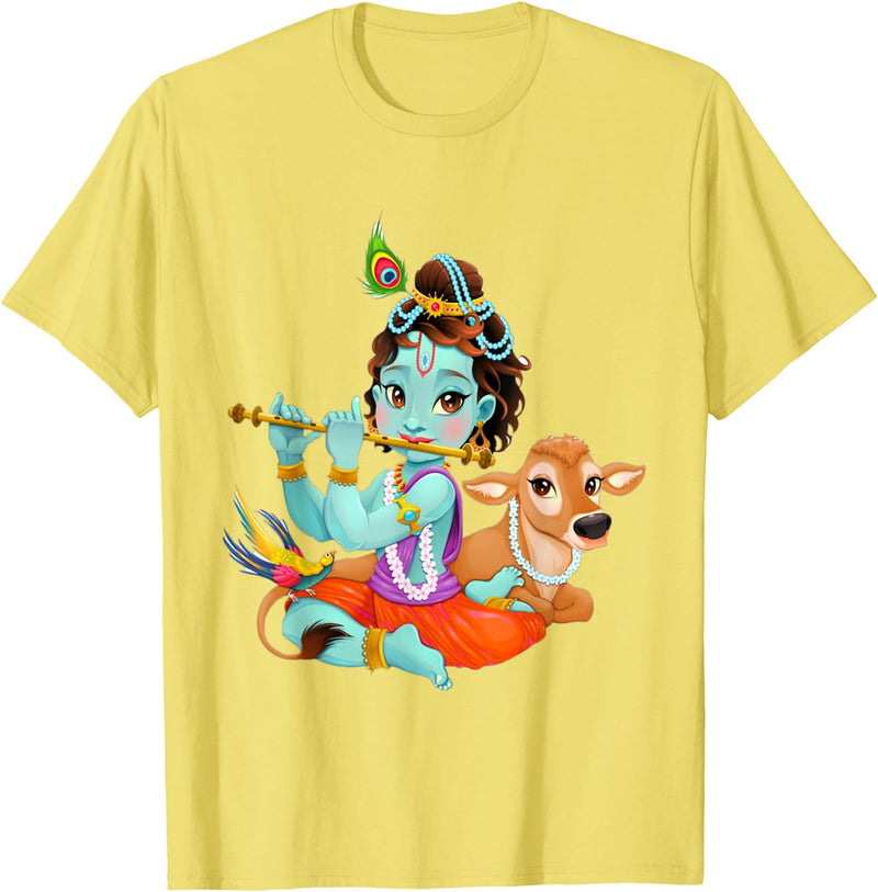 Clever Witty Designs Hindu god Lord Shri Krishna with a Cow and a Bird T-Shirt - Lemon Yellow