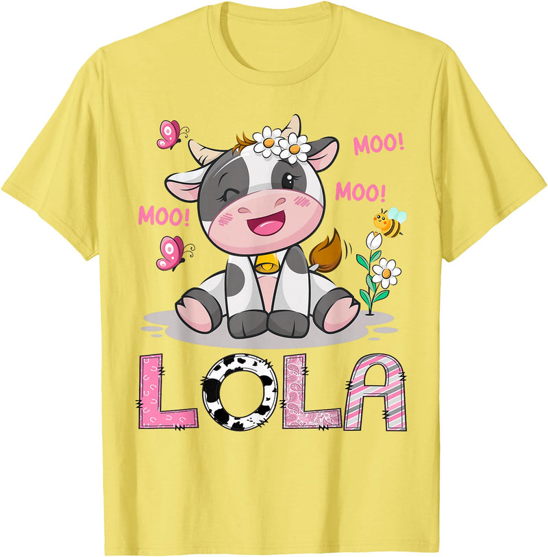 Birthday Girl Party Cow Lover Lola Cute Cow Moo Moo Farmer Birthday Girl Matching T-Shirt - Lemon Yellow