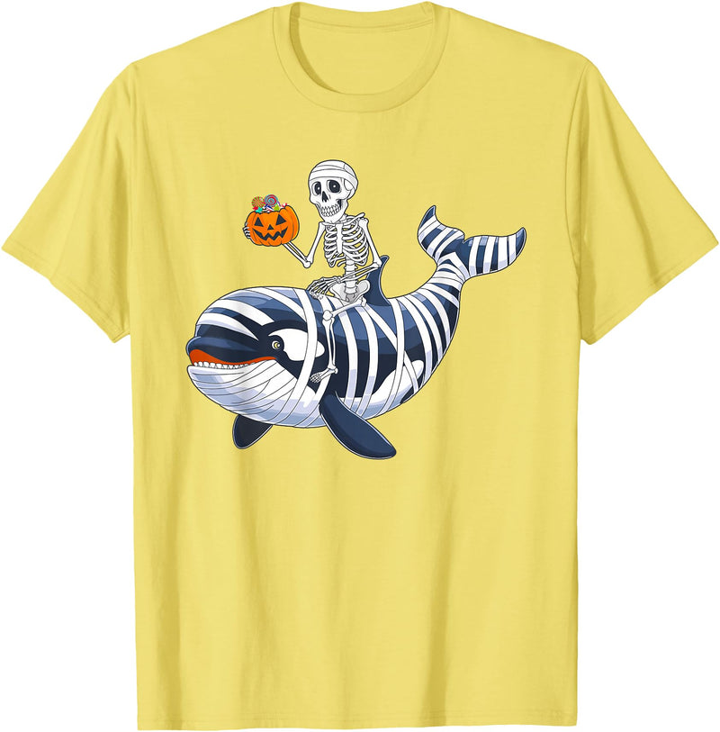 Orca Skeleton Halloween Whale Apparel Co. Skeleton Riding Mummy Orca Halloween Candy Whale T-Shirt - Lemon Yellow