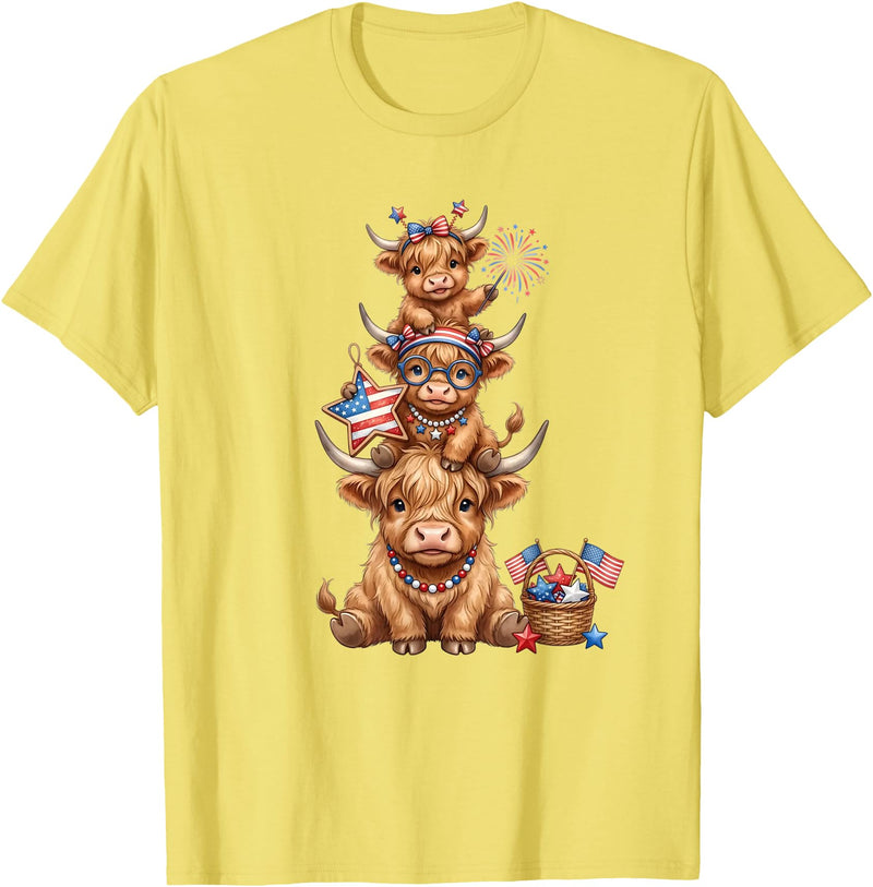 Funny 4th Of July Highland Cow Apparel Cute Highland Cow 4th of July Patriotic American Flag T-Shirt - Lemon Yellow
