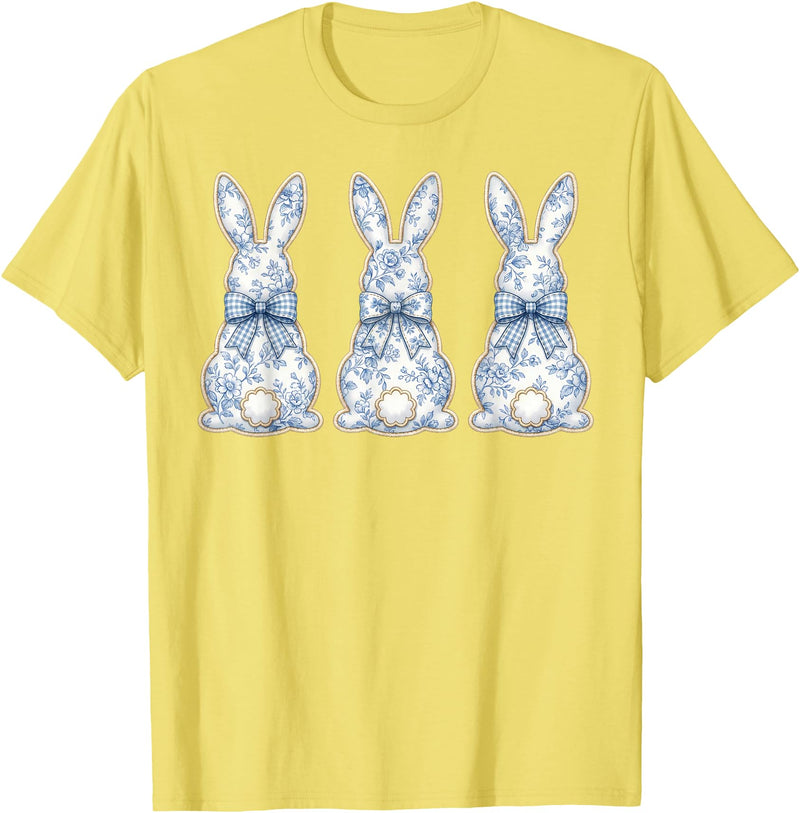 Blue Floral Easter Bunnies Chinoiserie Rabbit Bow T-Shirt in Lemon Yellow