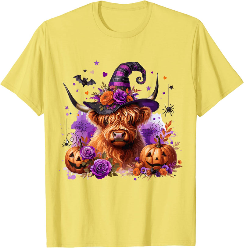Cute and Funny Halloween Gifts Halloween Highland Cow Pumpkin Witchy Bat T-Shirt - Lemon Yellow