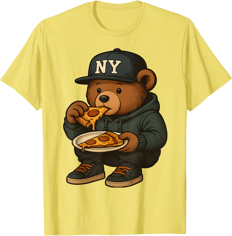 Street Food Streetwear & Hip Hop Style Designs Hip Hop Teddy Bear Eating New York Style Pizza Teenager Men T-Shirt - Lemon Yellow