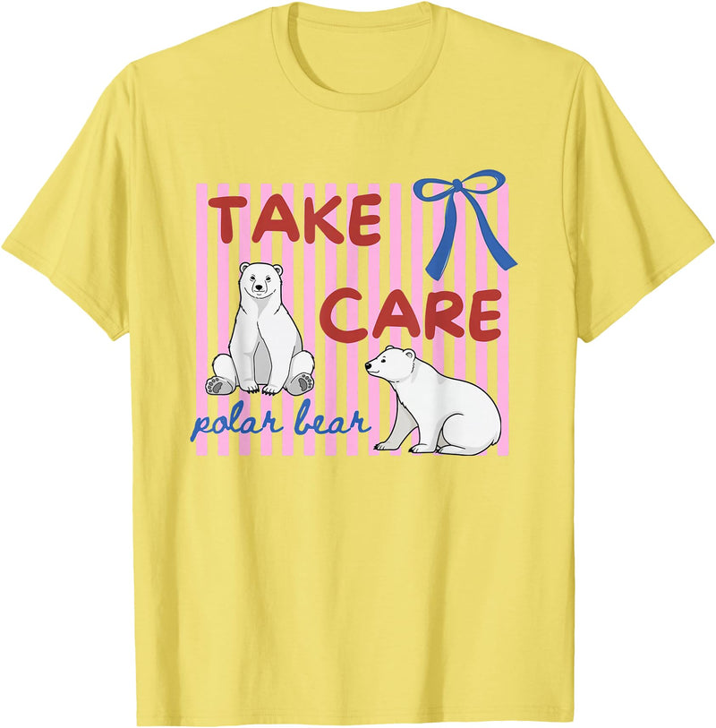 Last day of School Teacher Team Tee Pink Striped Take Care Polar Bear End of Year Teacher Team T-Shirt - Lemon Yellow