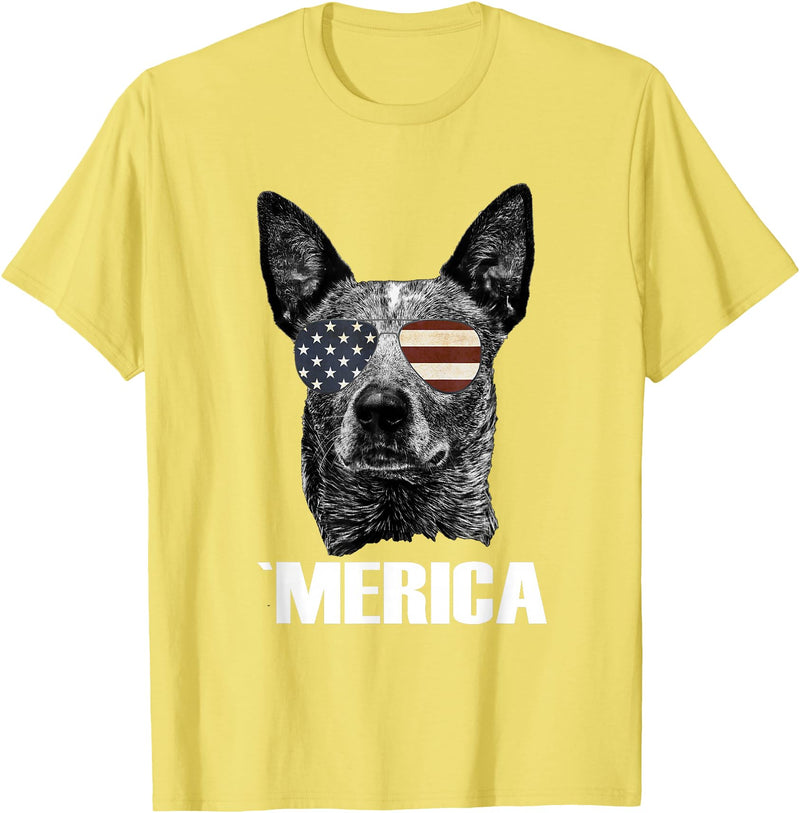 Australian Cattle Dog Patriotic Tee Gifts Merica Australian Cattle Dog with USA Flag Sunglasses Gift T-Shirt - Lemon Yellow
