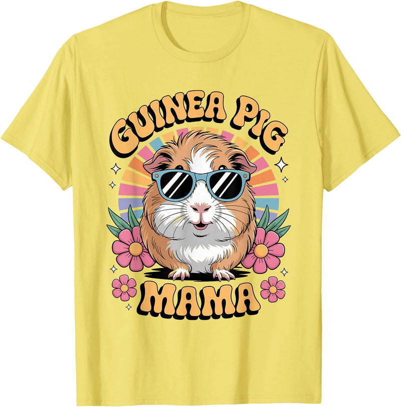 Guinea Pig Rodents Lover Mom Mother'S Day Guinea Pig Mama Floral Vintage 60s 70s Sunglasses T-Shirt - Lemon Yellow