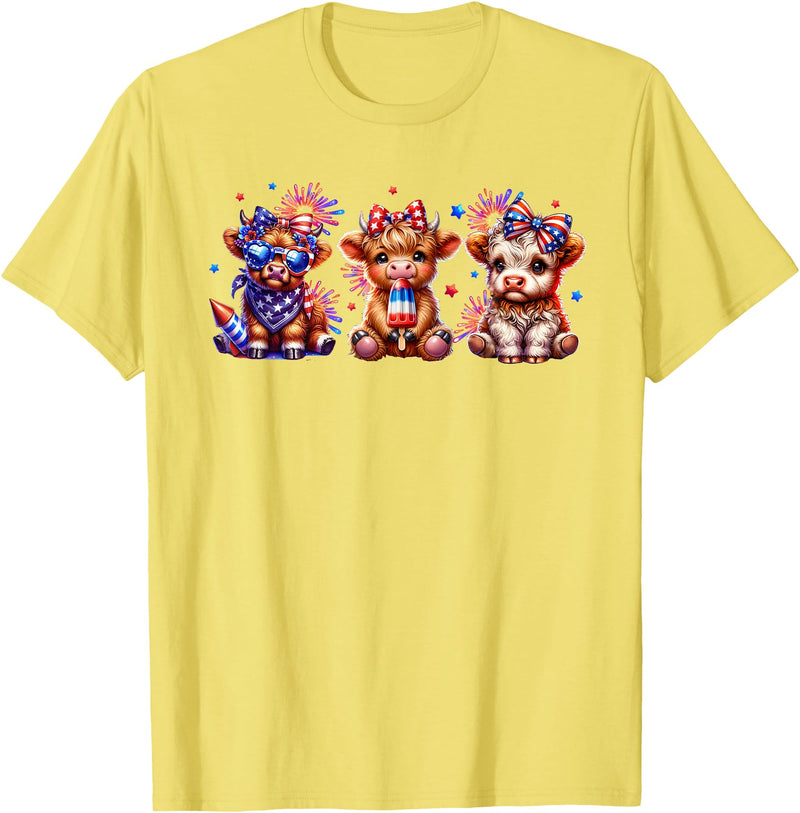 July 4th Highland Cow Farm Lovers American Costume Highland Cow Cattle Animal Lover Patriotic 4th of July T-Shirt - Lemon
