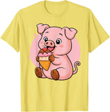 Funny Cute Pig Ice Cream Kawaii Design Pig Eating Ice Cream Graphic Boys Girls Pig Lover T-Shirt - Lemon Yellow