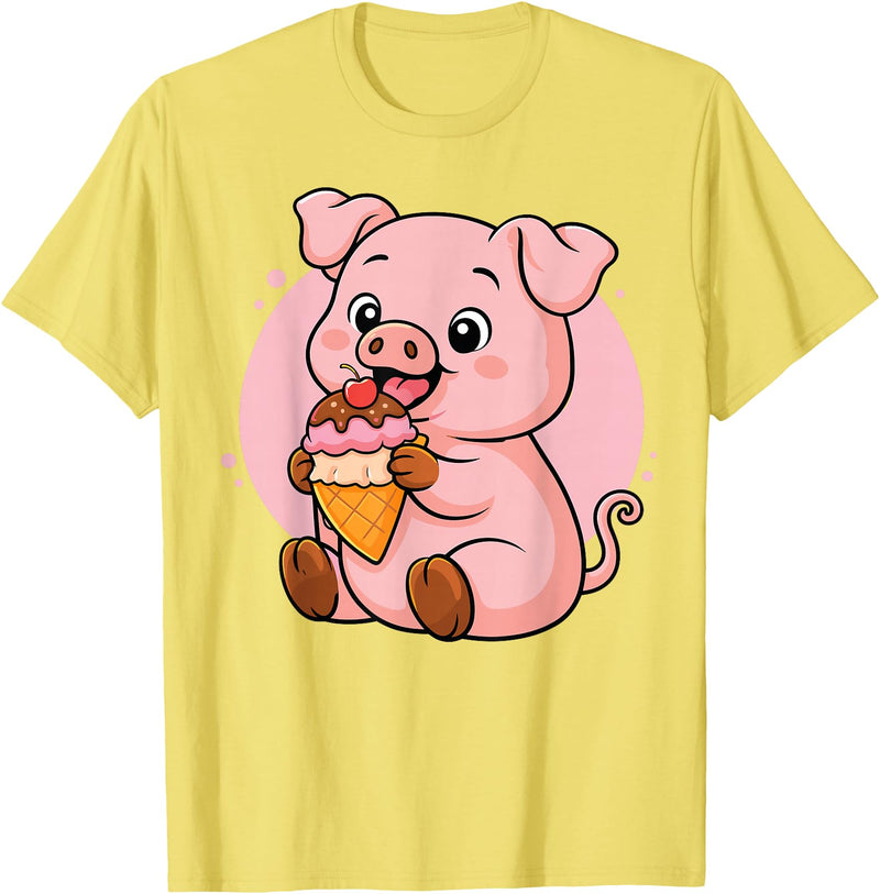 Funny Cute Pig Ice Cream Kawaii Design Pig Eating Ice Cream Graphic Boys Girls Pig Lover T-Shirt - Lemon Yellow