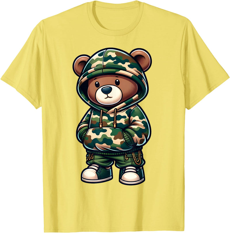 Camo Teddy Bear Hip Hop Designs for Men & Boys Camo Hip Hop Teddy Bear Camouflage Gangsta Streetwear Hustle T-Shirt - Lemon Yellow
