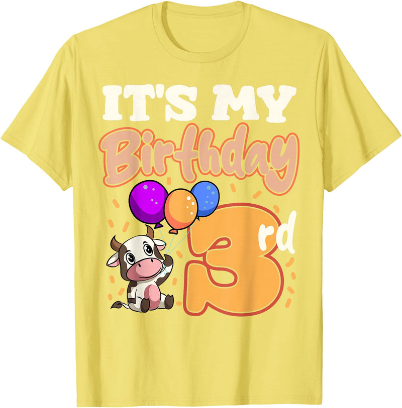 Cow Birthday 3 Party Farmyard Apparel Cow 3rd Birthday Party Balloons Moo Farm Animal Vet Barn T-Shirt - Lemon Yellow