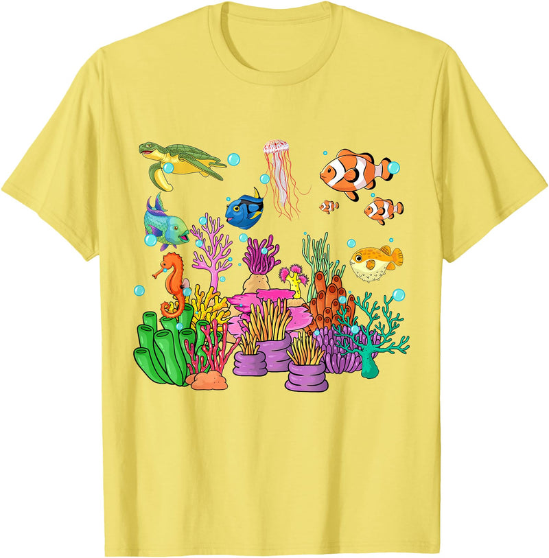 MASH MOSH Coral reef with colorful tropical Fish, Marine Life T-Shirt - Lemon Yellow