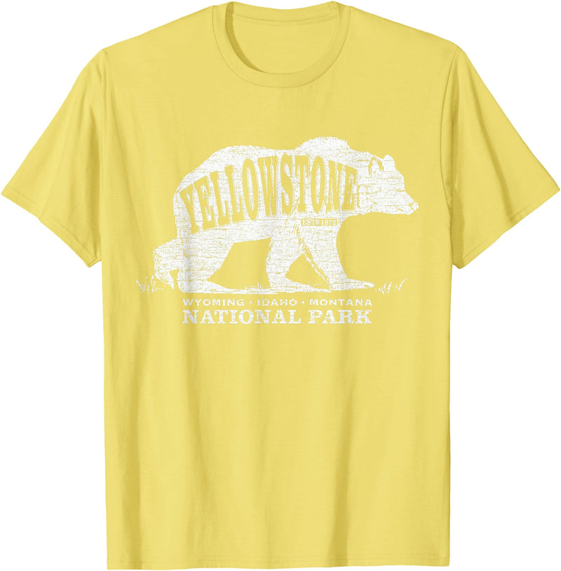 Vintage Yellowstone Retro Tees Tanks Tops Grizzly Bear Yellowstone National Park Est. 1872 T-Shirt - Lemon Yellow