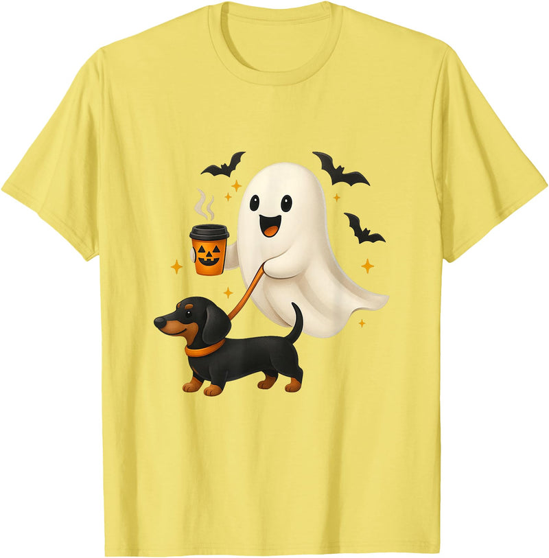 Funny Dachshund Ghost Coffee Dog Lover Halloween Funny Dachshund Ghost Coffee Halloween Wiener Dog Lovers T-Shirt - Lemon
