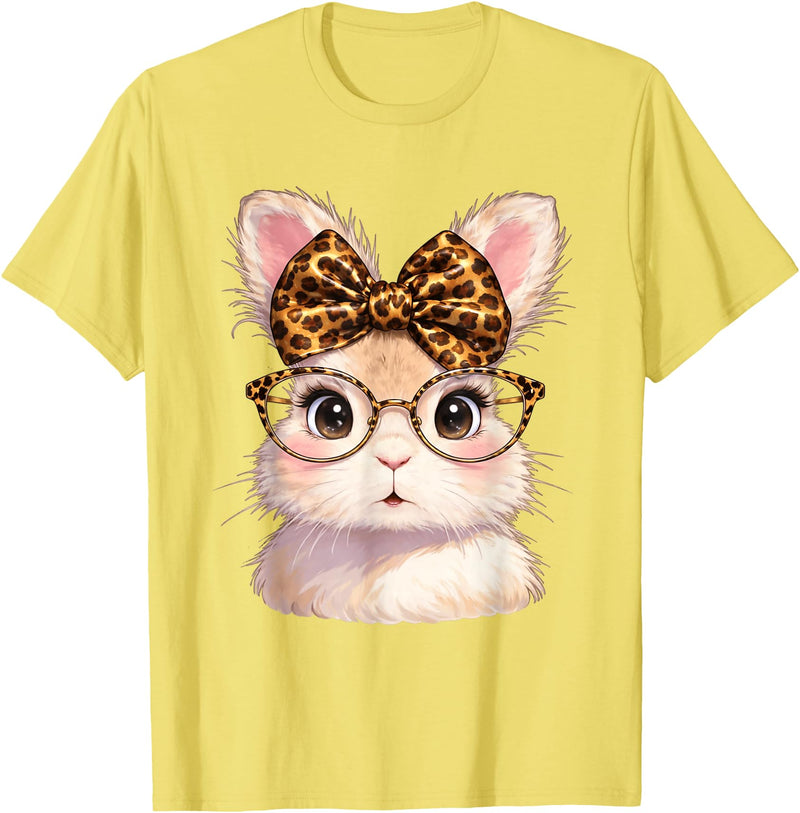 Easter Cute Bunny Rabbit with Glasses Leopard Coquette Bow T-Shirt in Lemon Yellow