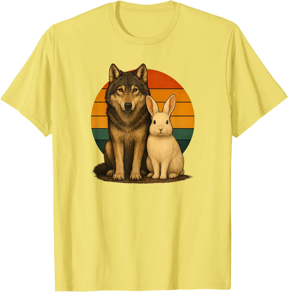 Wolf Rabbit Retro Animal Friends T-Shirt in Lemon Yellow