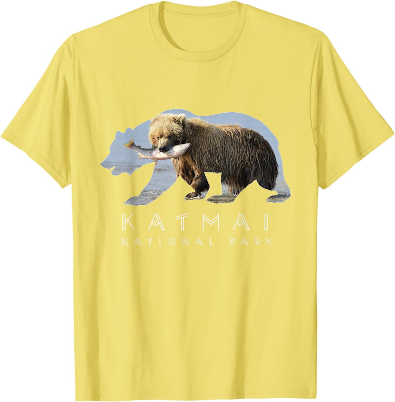 Katmai National Park Landscape Shirts & Gifts Alaskan Bear Katmai National Park Lake Image Alaska Souvenir T-Shirt - Lemon Yellow