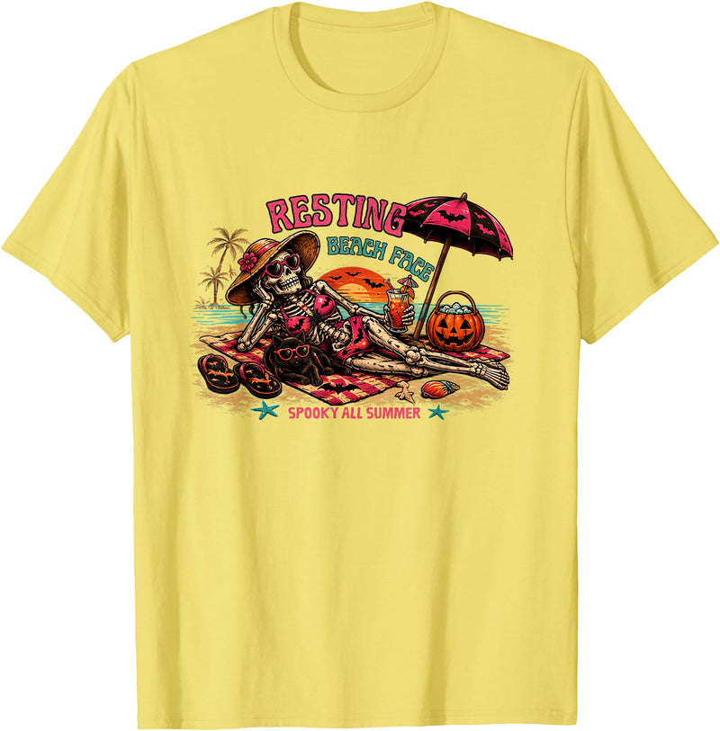 Spooky Summer Vibes retro summerween halloween Funny Skeleton Beach Halloween Resting Beach Face summerween T-Shirt - Lemon