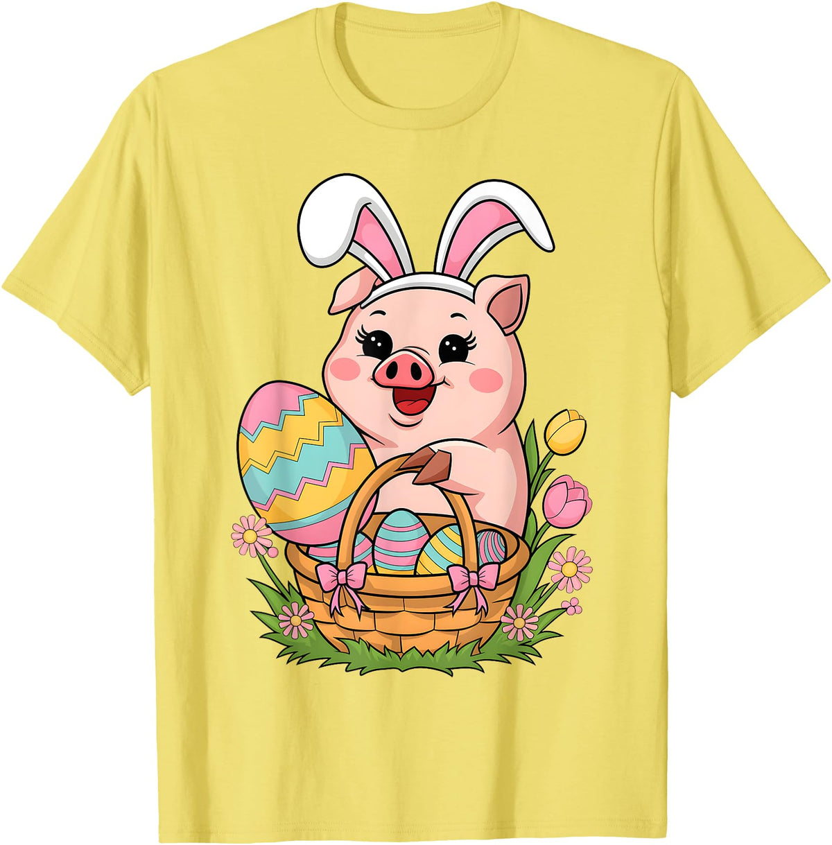 Happy Easter Pig Animal Happy Easter Women Girls Kids Easter Egg Basket Easter Pig T-Shirt - Lemon Yellow