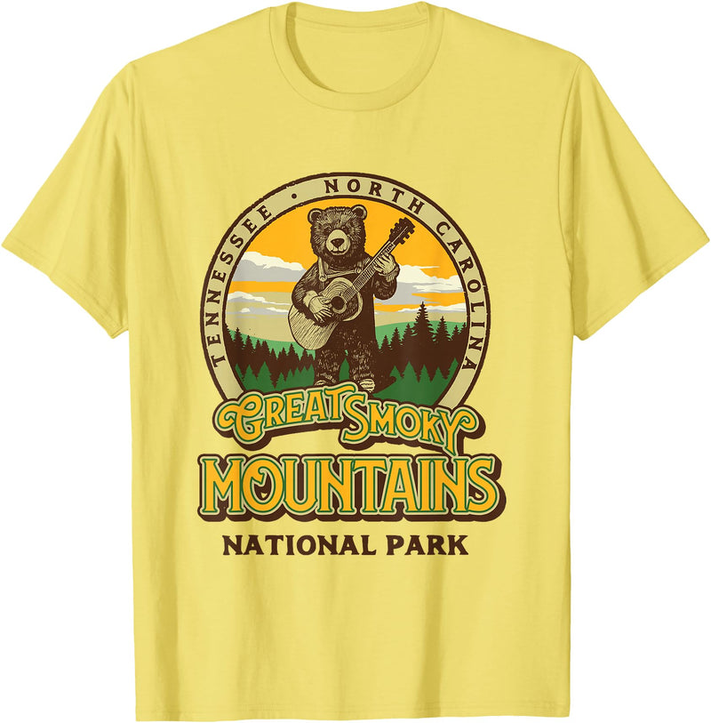 The Thrift Garage Great Smoky Mountains National Park Guitar Bear Cute Smokies T-Shirt - Lemon Yellow