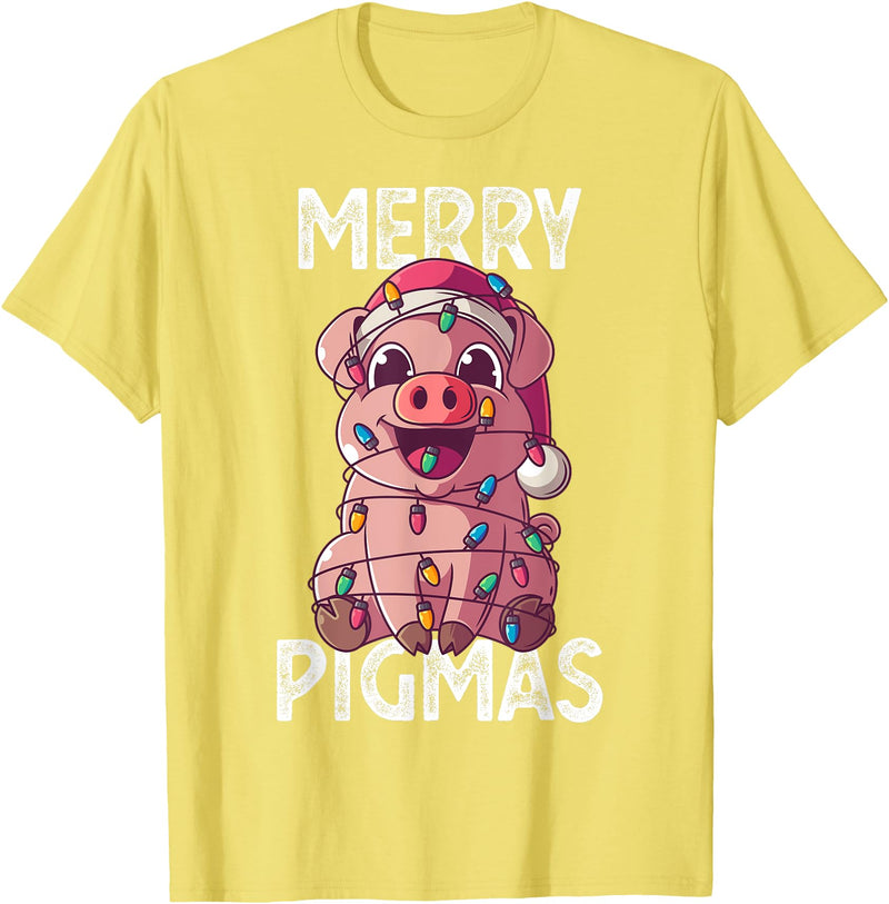 The Weird Shop Merry Pigmas Pig Christmas Santa Pig Xmas Lights Farmer Gift T-Shirt - Lemon Yellow