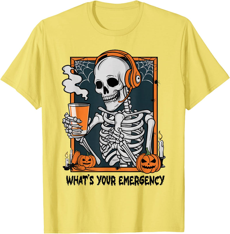 Funny 911 Dispatcher Halloween Skeleton What Your Emergency T-Shirt - Lemon Yellow