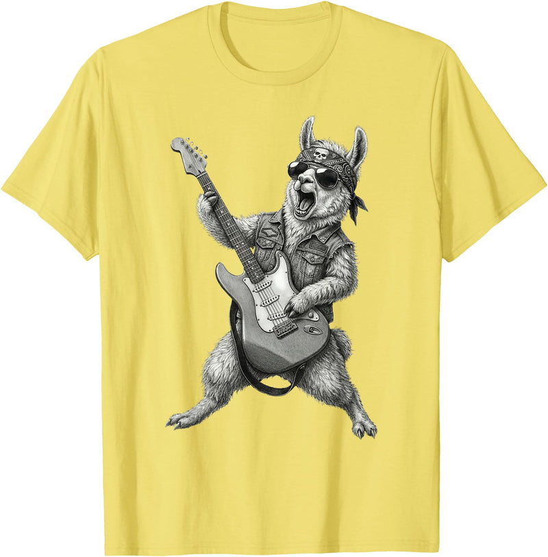 Rock Guitar Llama Stuff Accessories & Gifts Llama Playing Guitar Rock & Roll Llamas Alpaca Rocker Music T-Shirt - Lemon Yellow