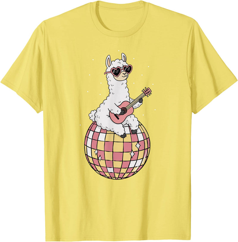 DiscoballAxis1 Funny Llama Disco Dancing Ball Groovy Retro 80s Costume T-Shirt - Lemon Yellow
