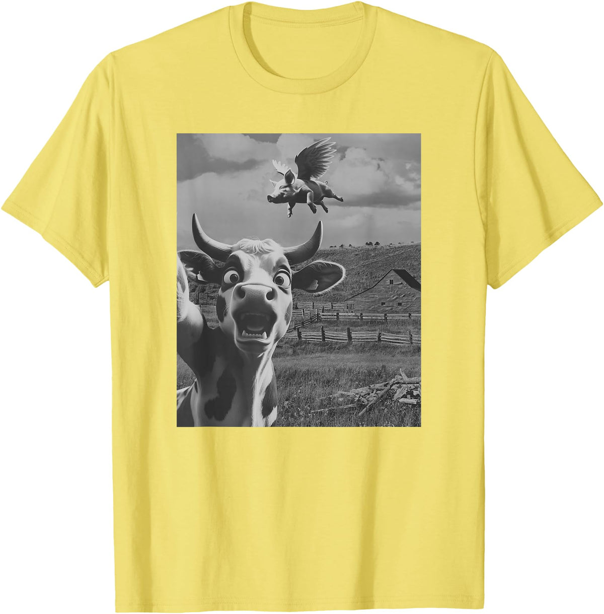 When Pigs Fly Pig Lover Designs Apparel Gifts Cow Selfie With Flying Pigs Fly Funny Gift for Men Women Kid T-Shirt - Lemon Yellow