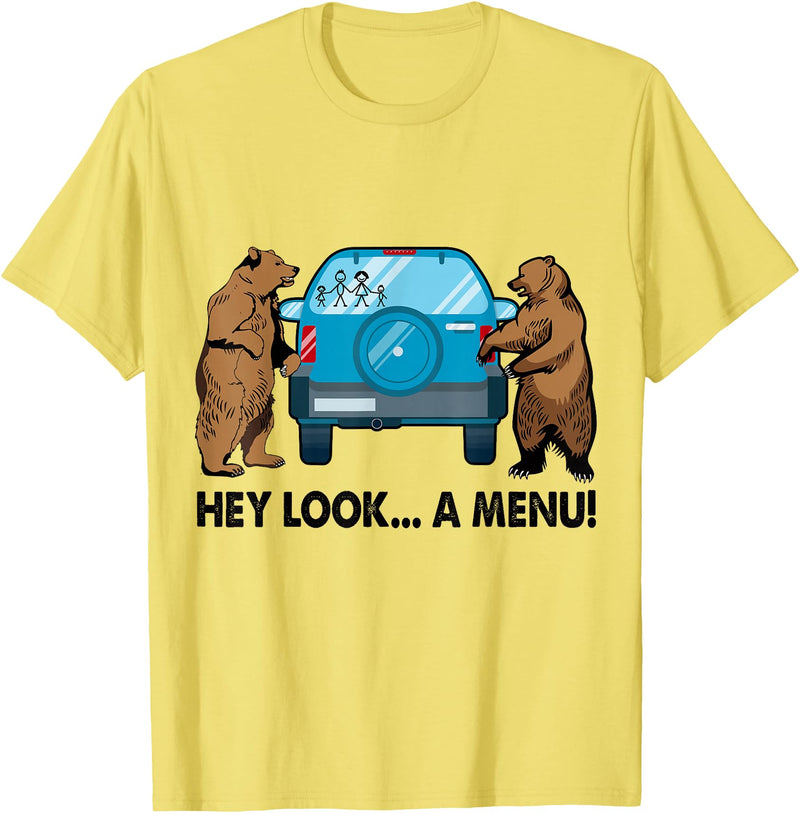 Funny Bear Attack Tips Camping Hiking Gifts Hey Look A Menu Funny Camping Camper Hiking Bear Outdoor T-Shirt - Lemon Yellow