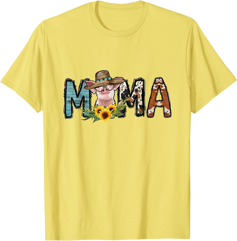 Pig Mama Pig Mom Sunflower Country Farm Life Cowhide T-Shirt - Lemon Yellow