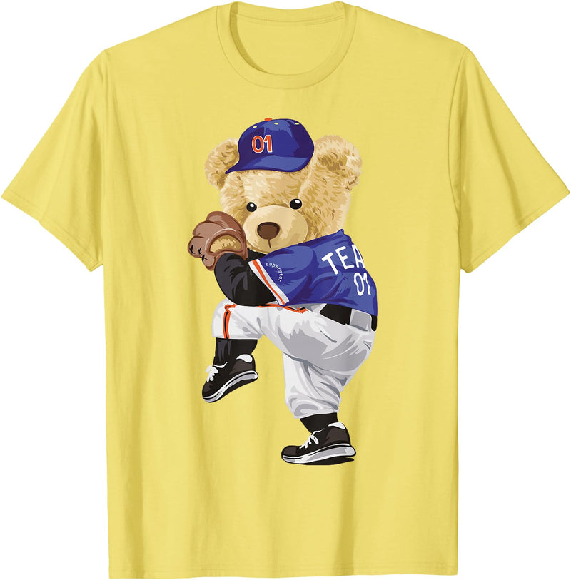 BERSLL Cute Teddy Bear Baseball Jug Sweatshirt T-Shirt - Lemon Yellow