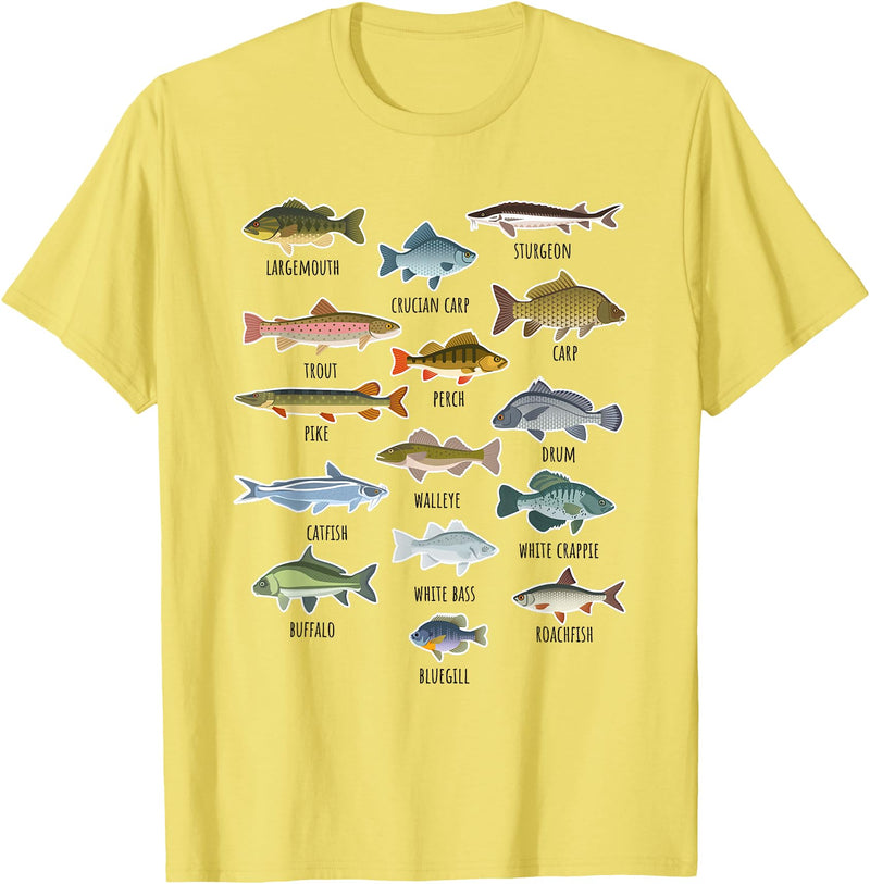 NABZR Angeln Geschenke & T-Shirts Types of Freshwater Fish Fishing T-Shirt - Lemon Yellow