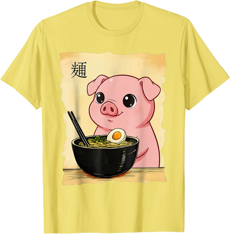 Funny Pig Anime Eating Ramen Pig Ramen Japanese Kawaii Anime Pig T-Shirt - Lemon Yellow