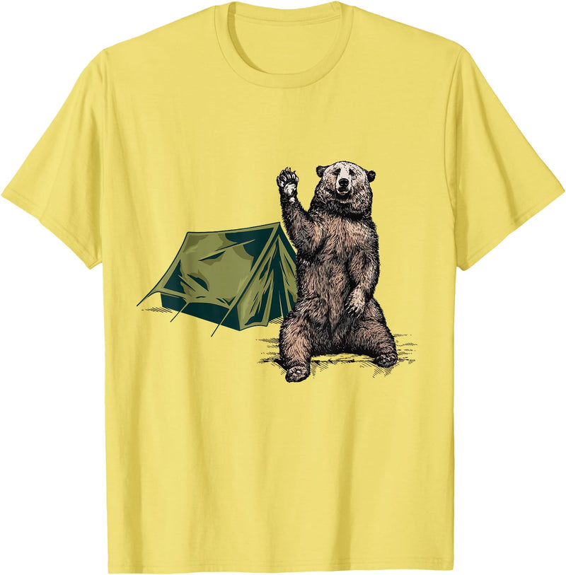Funny Hiker Hiking Camping Bear Waving Funny Bear Waving Hiking Camping Bear Hiking T-Shirt - Lemon Yellow