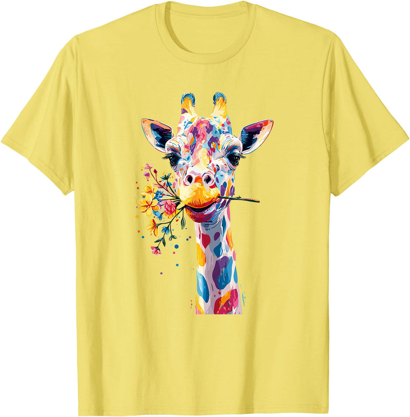 Colorful Floral Giraffe Rainbow Style Rainbow Giraffe with Flowers T-Shirt - Lemon Yellow