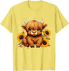 Cute Scottish Highland Cow Sunflower Highland Cow Farm T-Shirt - Lemon Yellow